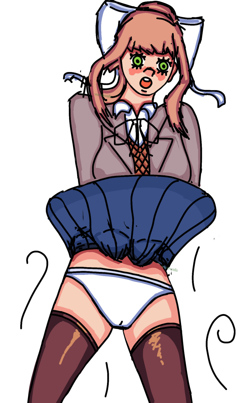 1female 1girls blue_skirt cameltoe clothed clothes clothing doki_doki_literature_club female girl green_eyes monika_(doki_doki_literature_club) panties skirt skirt_lift upskirt velvet-walls white_panties wind wind_lift wind_up