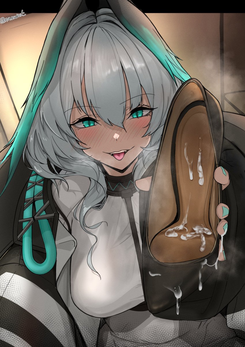 absurdres aqua_hair arknights black_footwear black_jacket blush breasts commission cum cum_on_clothes dress eyelashes female grey_dress grey_hair grey_jacket hand_up highres ho'olheyak_(arknights) holding holding_shoes impossible_clothes jacket large_breasts long_hair long_sleeves looking_at_viewer namukot open_clothes open_jacket pixiv_commission shoes sidelocks smell solo tongue tongue_out wide_sleeves