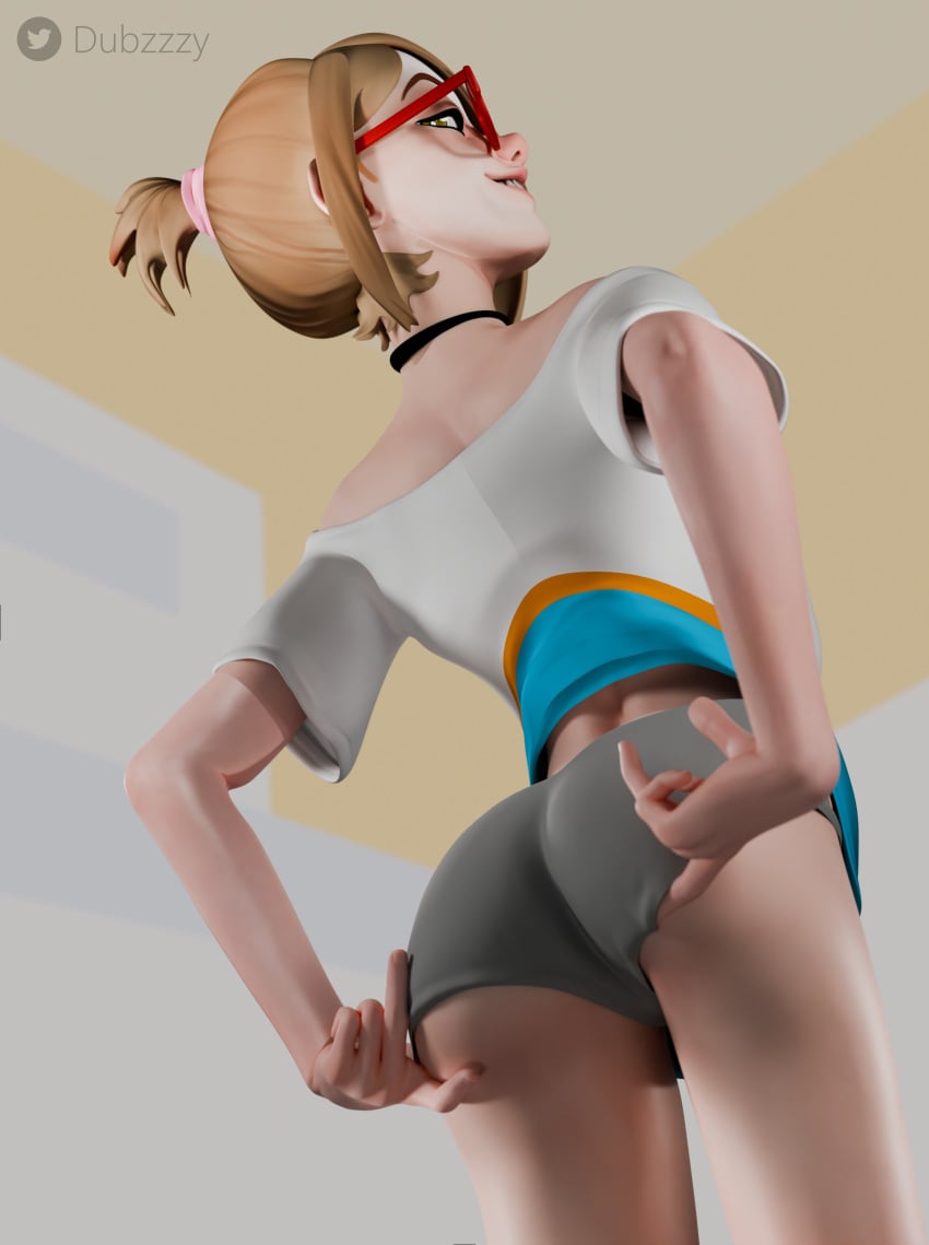 1girls 3d andavaverse blender blonde_hair booty_shorts brown_eyes choker clothing darcy_redd dubzzzy female female_only glasses hi_res looking_at_viewer looking_down nerdy_female petite petite_body short_shorts shorts shorts_pull solo solo_female tied_hair viewed_from_below