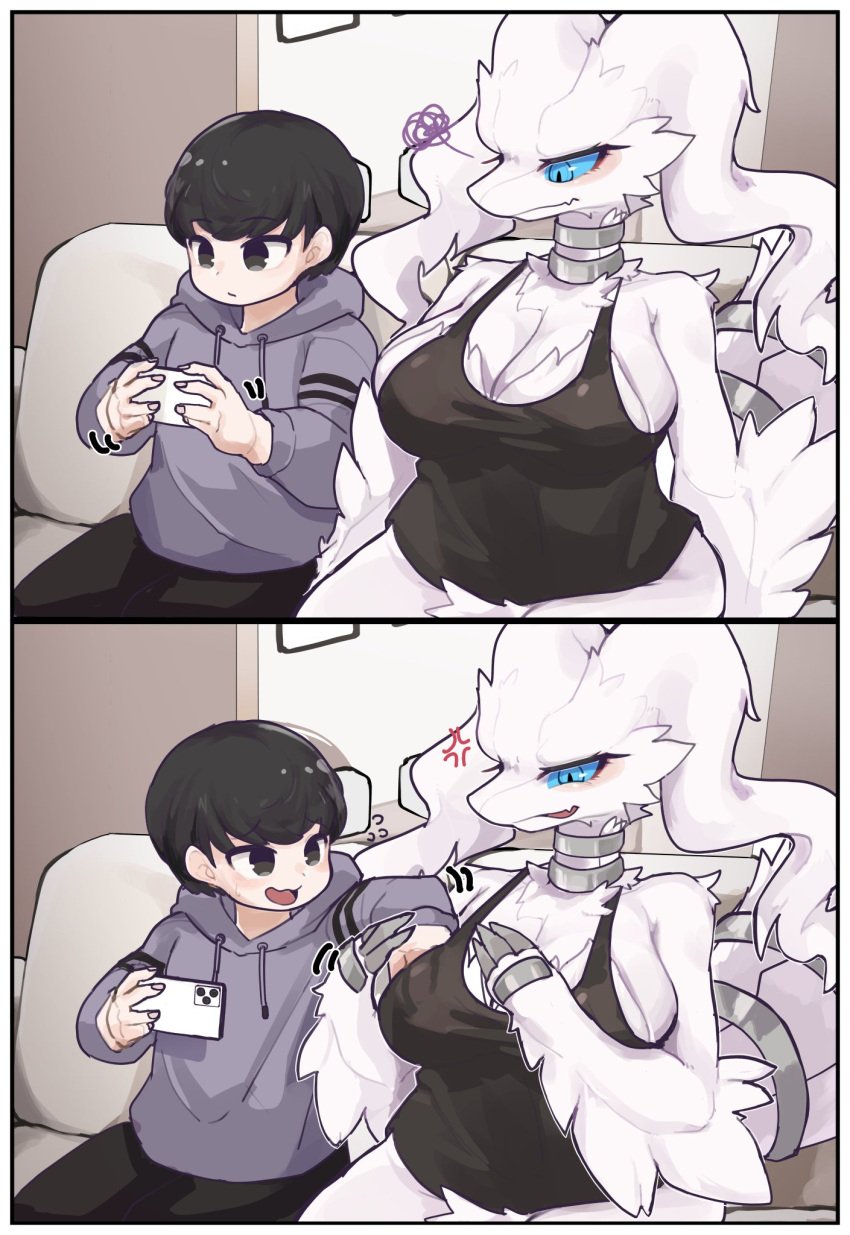 1boy 1girls 2024 anthro big_breasts blue_eyes blush breast_grab breasts claws clothed clothing dragon female fur generation_5_pokemon hair hand_on_breast hand_under_clothes hi_res human legendary_pokemon male mammal nintendo pokemon pokemon_(species) reshiram sixpixpen smile touching_breast white_body white_fur