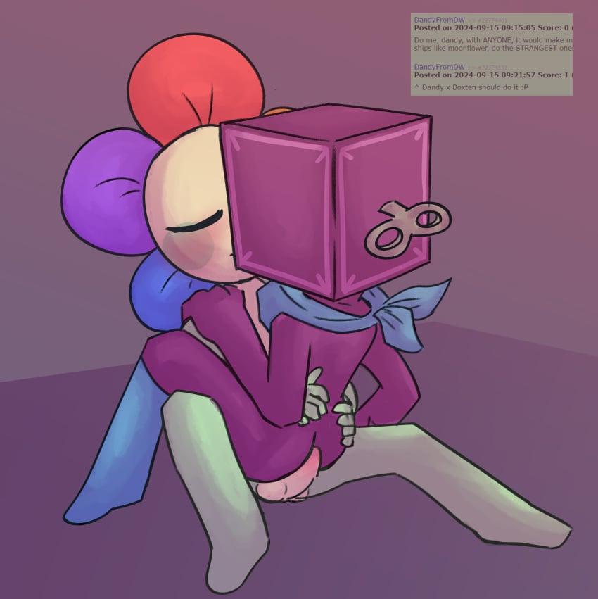 anal_sex blush boxten_(dandy's_world) closed_eyes dandy's_world dandy_(dandy's_world) flower gay homosexual kissing music_box non-human non-human_only purple_skin request satisfied spread_legs stockings thighhighs toony