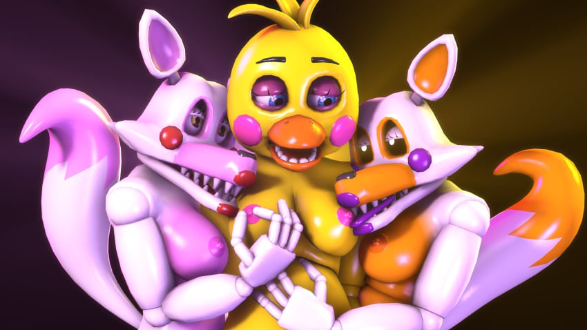 3d 3d_(artwork) 4k animatronic bedroom_eyes bird_girl black_eyes blue_eyes disboi215 five_nights_at_freddy's five_nights_at_freddy's:_sister_location five_nights_at_freddy's_2 five_nights_at_freddy's_world fnaf_world fox_ears fox_girl fox_tail glowing_eyes hand_on_stomach highres horny horny_expression horny_eyes horny_female licking_breast licking_nipple lolbit_(fnaf) mangle_(fnaf) open_mouth orange_body orange_breasts orange_nipples pinching_nipple pink_body pink_breasts pink_nipples purple_cheeks purple_lipstick purple_tongue red_cheeks red_lipstick red_tongue resting_head resting_on_breasts resting_on_partner robot rosy_cheeks sfm shiny_skin source_filmmaker tongue tongue_out toy_chica_(fnaf) white_body white_eyes yellow_body yellow_breasts yellow_eyes yuri