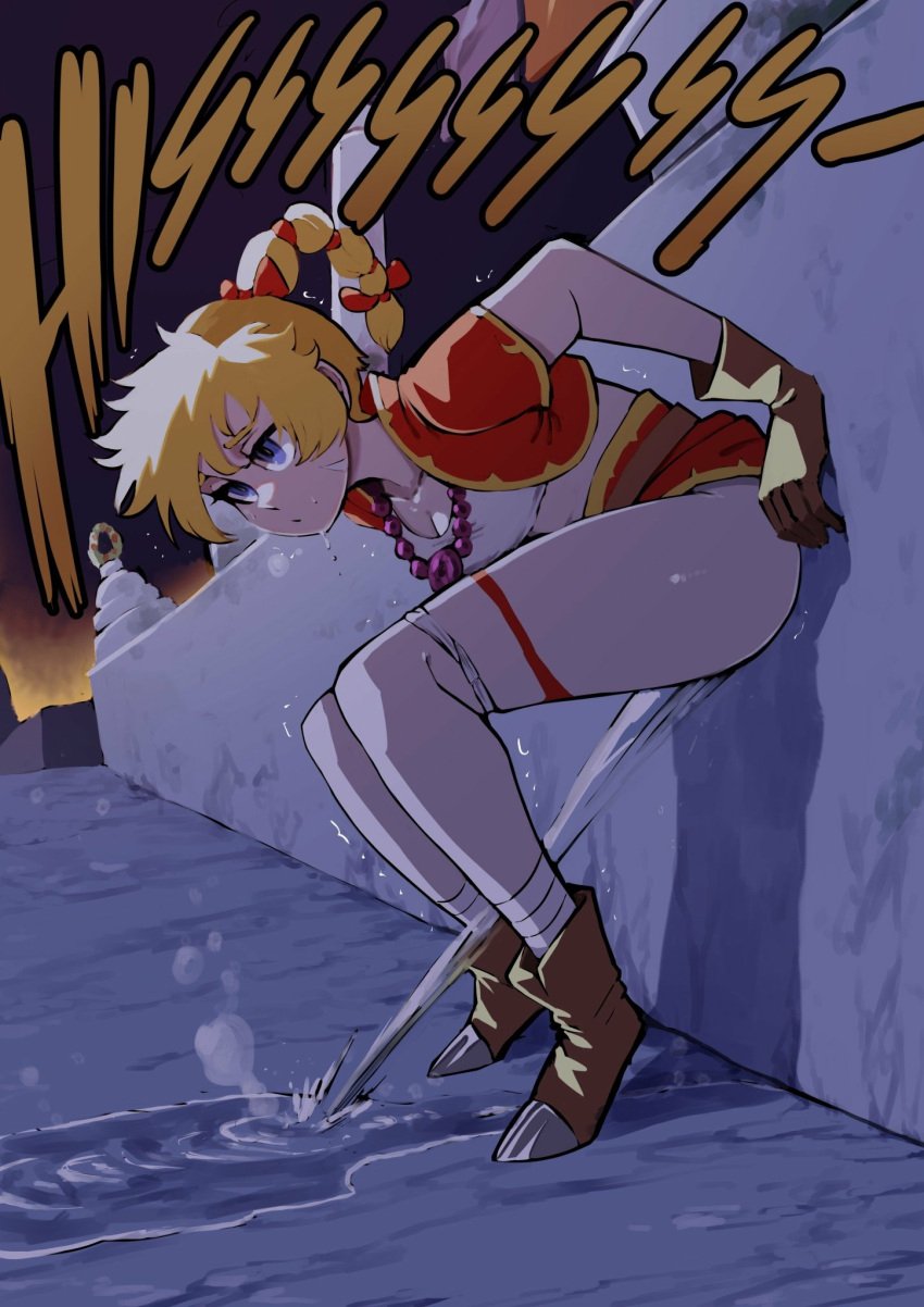 1girls belt biku blonde_hair blue_eyes boots bow braid breasts breath brown_belt brown_footwear brown_gloves chrono_(series) chrono_cross cleavage clothes_lift collarbone facial_mark gloves hairbow highres jewelry kid_(chrono_cross) long_hair looking_down medium_breasts midriff necklace night orange_bow panties panty_pull peeing puddle red_skirt red_vest relief shirt short_sleeves skirt skirt_lift sky square_enix squatting steam sweat trembling underwear vest wall white_panties white_shirt