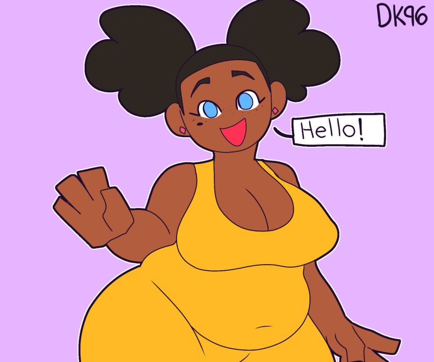 afro_puffs belly big_breasts chubby chubby_belly chubby_female cleavage daisykitty96 dark-skinned_female female melody_(daisykitty96) speech_bubble thick_thighs