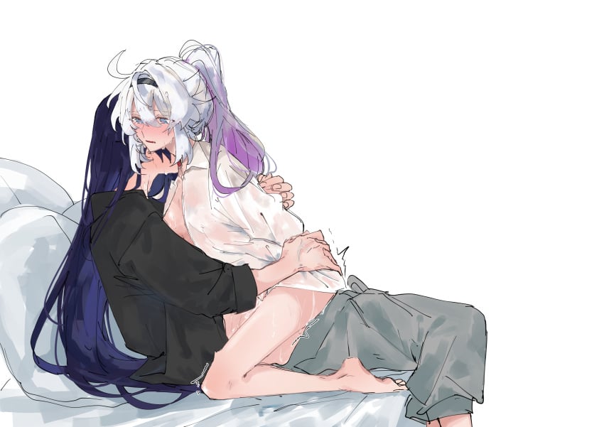 2girls absurdres blush chinese_commentary commentary crying english_commentary hand_on_another's_ass highres honkai_(series) honkai_impact_3rd implied_futanari kiana_kaslana licking licking_another's_neck long_hair mixed-language_commentary moonsun77773 multicolored_hair multiple_girls pants ponytail purple_hair pussy_juice raiden_mei sweat two-tone_hair very_long_hair white_hair yuri