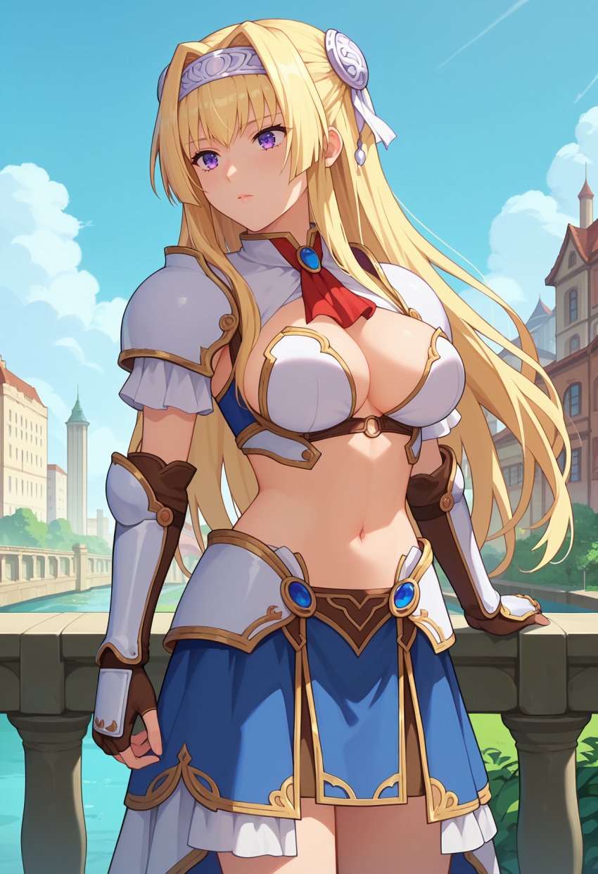 1girls ai_generated alicia_arcturus armor blonde_hair civitai female female_focus kuroinu_(series) kuroinu_~kedakaki_seijo_wa_hakudaku_ni_somaru~ navel purple_eyes