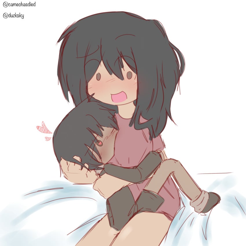 1boy 1girl adult_on_young age_difference bed_sheet blush breast_smother breasts cameo_(cameohasdied) chimbley_sweep clothed face_in_breasts female heart-shaped_pupils heart_eyes male oc_x_canon open_mouth original_character red_shirt self_upload selfship size_difference very_younger_male young younger_male