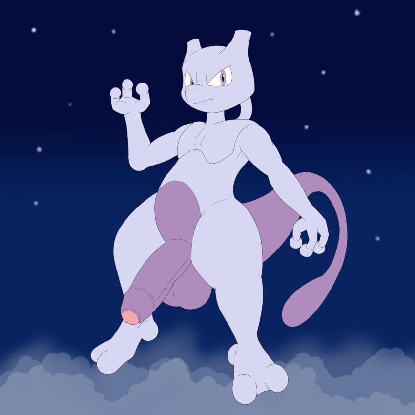 2_toes 3_fingers ambiguous_gender angry anthro balls big_balls big_penis cloud feet fingers flaccid floating foreskin generation_1_pokemon genitals hi_res huge_balls huge_cock kamek_sans legendary_pokemon looking_at_viewer male mewtwo night nintendo penis pink_body pokemon pokemon_(species) purple_body purple_eyes sky solo star toes