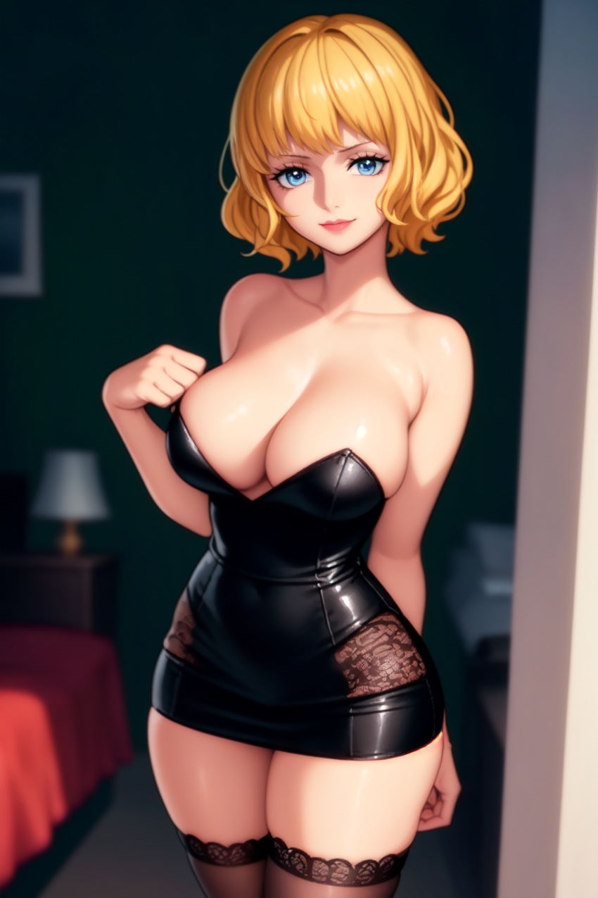 1girls ai_generated artist_request big_breasts blonde_hair female female_only leather_clothing one_piece solo stussy_(one_piece)