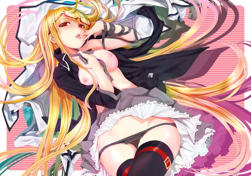 absurdres arm_ribbon black_panties black_thighhighs blonde_hair breasts choker fate_testarossa female glasses highres long_hair lying lyrical_nanoha mahou_shoujo_lyrical_nanoha_strikers medium_breasts mikazuki_akira! nipples non-web_source on_back open_clothes panties panty_pull red_eyes ribbon ribbon_choker solo striped_background thighhighs tongue underwear