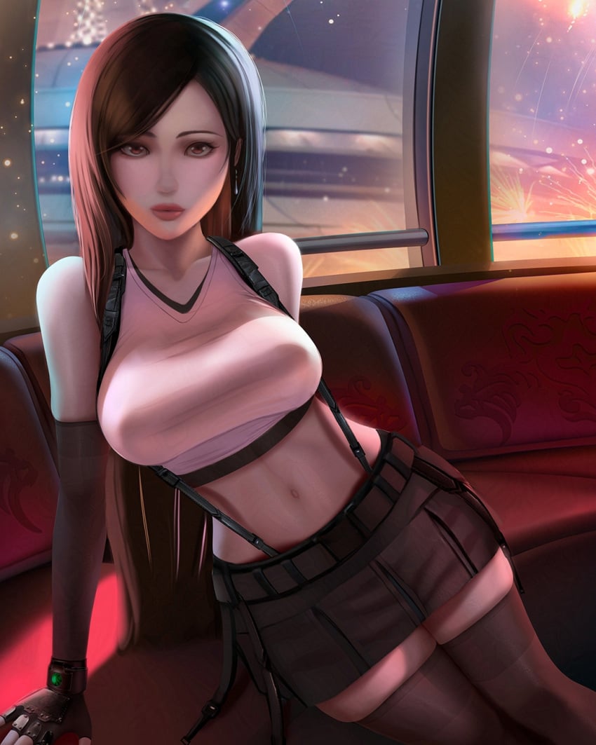 absolute_territory artist_request bare_midriff clothed clothing female female_only final_fantasy_vii fingerless_gloves fully_clothed gloves large_breasts long_hair midriff midriff_baring_shirt miniskirt skirt stockings tagme thighhighs tifa_lockhart tight_clothing