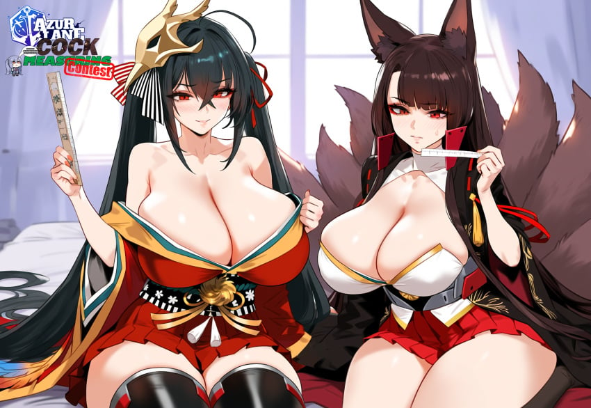 2girls ai_generated akagi_(azur_lane) azur_lane big_breasts black_hair breasts brown_hair curvy_body curvy_female curvy_figure female fingernails huge_breasts kimono large_breasts light-skinned_female light_skin long_hair massive_breasts red_eyes ruler sakura_empire_(azur_lane) senranfan43 short_skirt taihou_(azur_lane) thick_thighs twintails voluptuous wide_hips