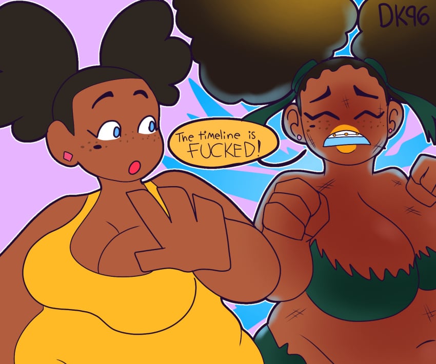 2girls afro_puffs belly big_breasts chubby chubby_female cleavage daisykitty96 dark-skinned_female melody_(daisykitty96) speech_bubble time_paradox