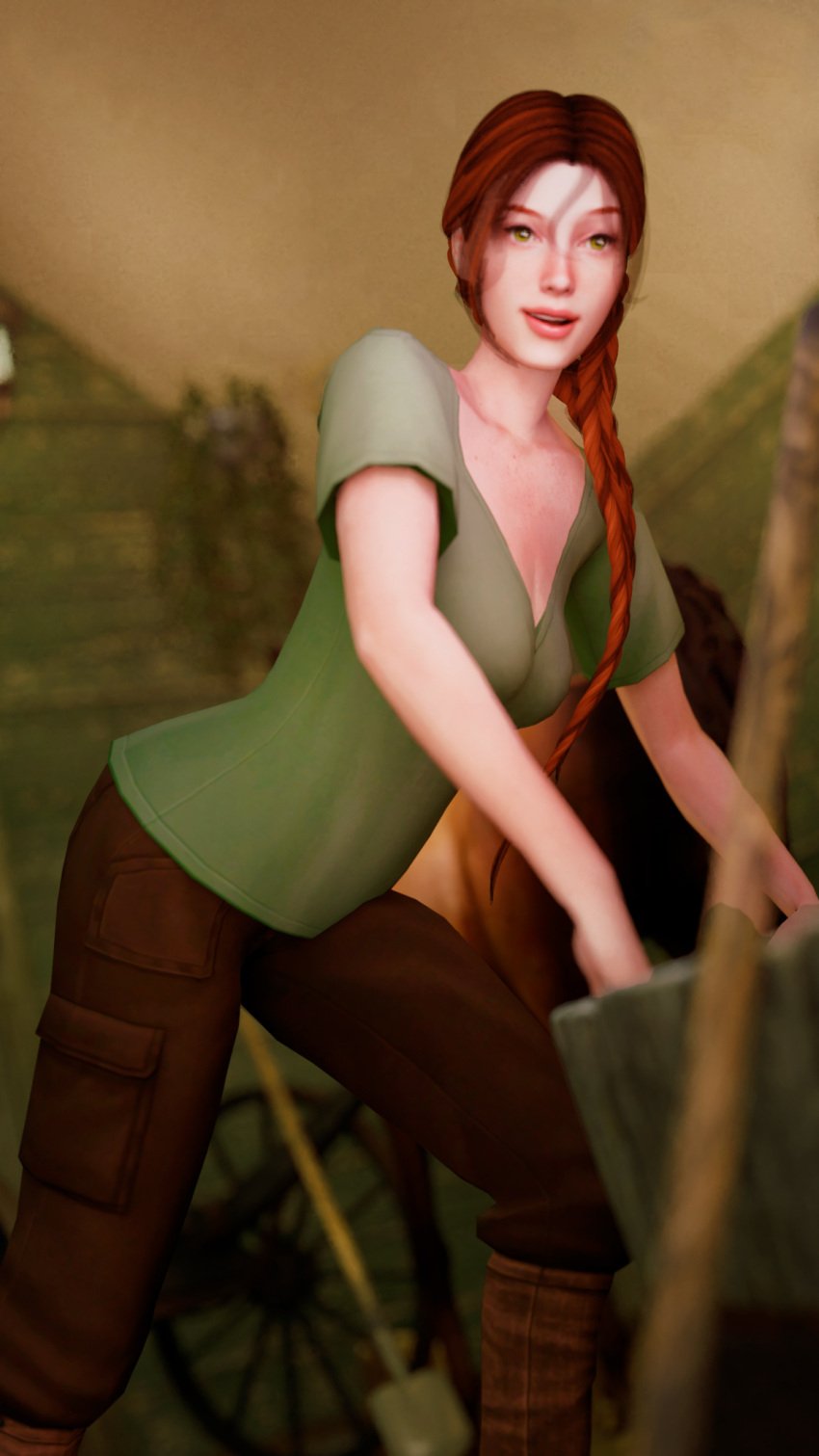 1girls 3arrows 3d 3d_(artwork) alex_(minecraft) barn blender boots braid braided_hair clothed clothing farm ginger ginger_hair green_clothing green_eyes horse humanization humanized looking_at_viewer minecraft mojang pale-skinned_female pale_skin red_hair red_hair shirt shovel solo solo_female solo_focus