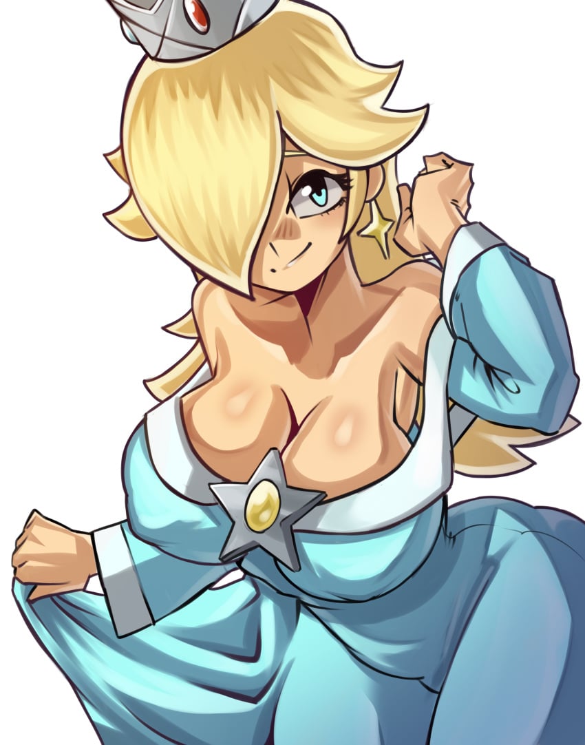 1girls blonde_hair blue_dress breasts cleavage clothing crown female female_only hair_over_one_eye human looking_at_viewer mario_(series) moxydrawsmore nintendo princess_rosalina solo super_mario_galaxy