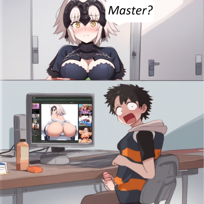 1boy ai_generated blush caught_masturbating comic embarrassed fate/grand_order fate_(series) headpiece jeanne_alter jeanne_d'arc_(alter)_(fate) jeanne_d'arc_(fate)_(all) jeanne_d'arc_alter_(fate) masturbation penis suprised white_hair yellow_eyes