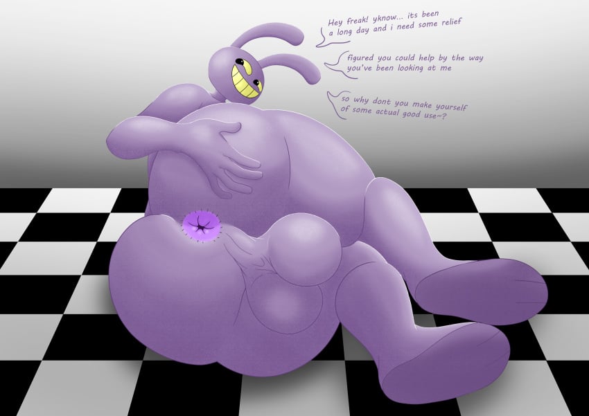 2023 absurd_res anthro anus ass balls big_balls big_butt black_eyes checkered checkered_floor digital_media_(artwork) english_text exclamation_point fur genitals glitch_productions hand_on_butt hand_on_own_butt hi_res inviting inviting_to_sex itsme_hilo jax_(tadc) jax_(the_amazing_digital_circus) lagomorph leporid long_ears looking_at_viewer lying male male_only mammal nude on_side presenting presenting_anus presenting_hindquarters purple_body purple_ears purple_fur rabbit rear_view smile solo spread_butt spreading teeth text the_amazing_digital_circus thick_thighs yellow_sclera