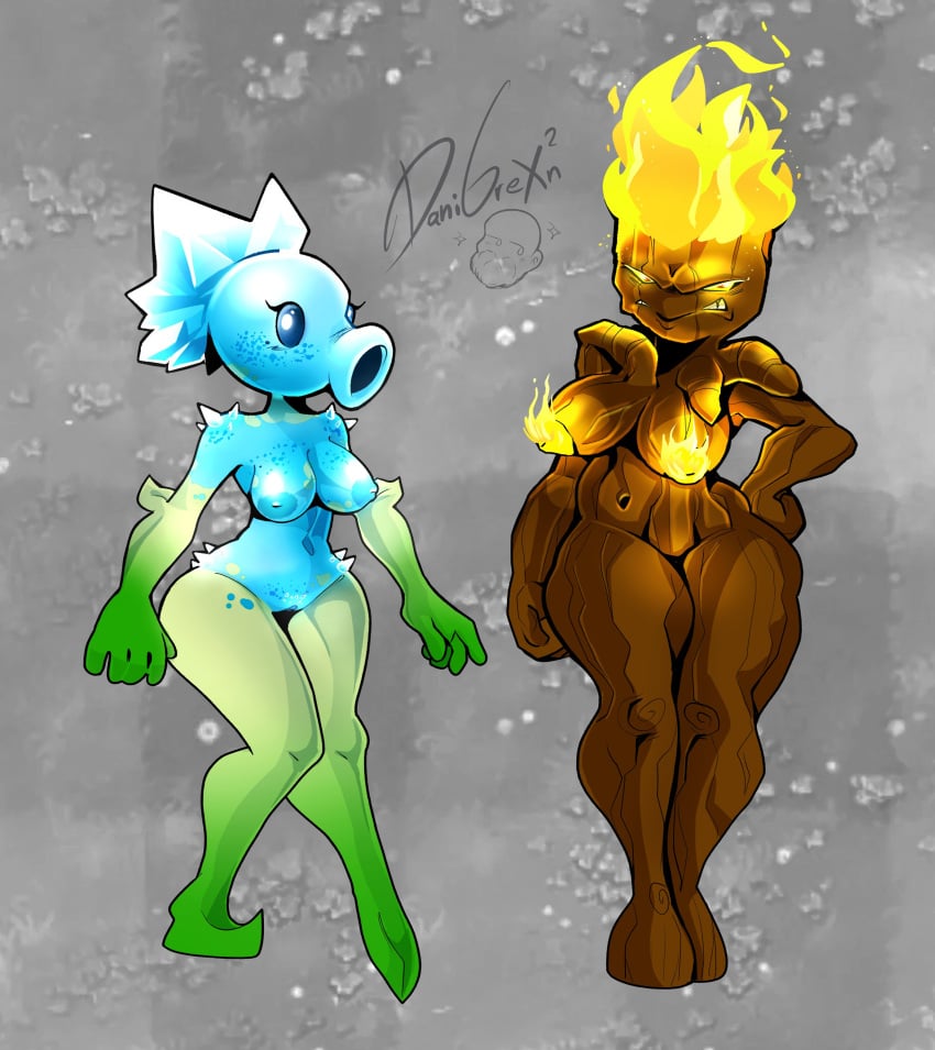 1girls 2girls anthro anthrofied ass belly_button blue_eyes breasts burning curvaceous curvy curvy_figure cute danigrex2n electronic_arts eyelashes female fire flora_fauna freckles grumpy mean peashooter_(pvz) plant plant_girl plant_humanoid plantie plants_vs._zombies plants_vs_zombies popcap_games pussy snow_pea_(pvz) thick_thighs torchwood torchwood_(pvz) tree wholesome wood