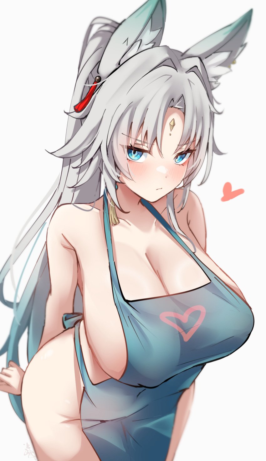 2024 apron arms_behind_back blue_apron blue_eyes breasts cleavage closed_mouth collarbone feixiao_(honkai:_star_rail) female grey_background grey_hair heart hi_res honkai:_star_rail honkai_(series) huge_breasts long_hair looking_at_viewer naked_apron sideboob simple_background solo thighs xlyami