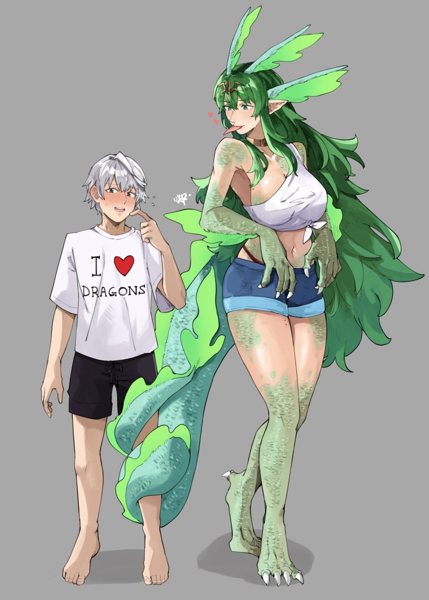 1boy 1girls brown_eyes claws dragon_girl dragon_humanoid dragon_tail fire_emblem fire_emblem_awakening grabbing_leg green_eyes green_hair grey_hair large_breasts larger_female long_tongue nervous nintendo robin_(fire_emblem) robin_(fire_emblem)_(male) sakuremi size_difference tail tail_wrap thighs tiki_(adult)_(fire_emblem) tiki_(fire_emblem) tongue tongue_out transformation