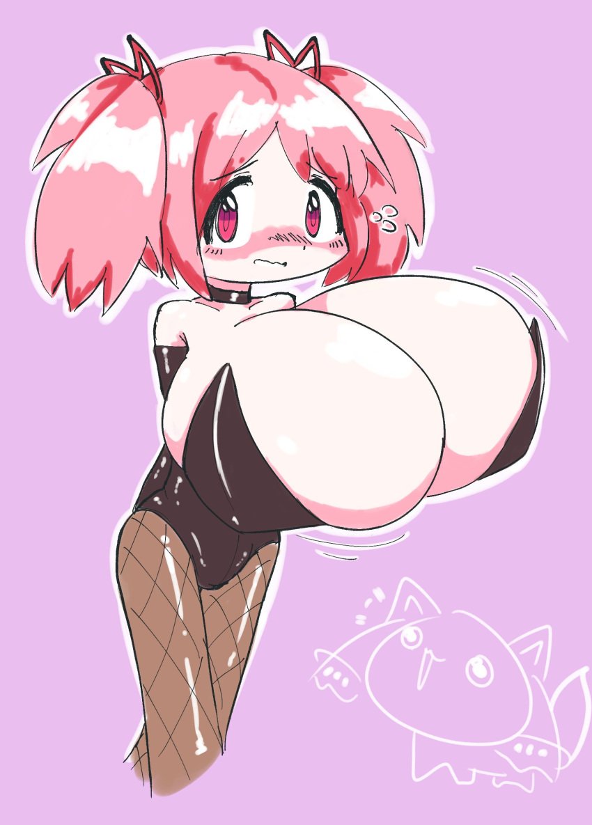 big_breasts blush breasts breasts_bigger_than_head bunnysuit chibi cleavage_overflow embarrassed erotic_chibi fishnets hair_ribbon huge_boobs huge_breasts kyuubee madoka_kaname magical_girl mahou_shoujo_madoka_magica nekostigmata pink_eyes pink_hair playboy_bunny puella_magi_madoka_magica red_ribbon ribbon ribbons tagme thick_thighs thighhighs twintails