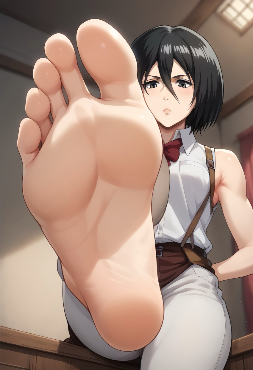 1female 1girl ai_generated attack_on_titan black_hair feet feet_focus feet_up female female_focus female_only foot_fetish foot_focus hands_up mikasa_ackerman perfect_body stable_diffusion