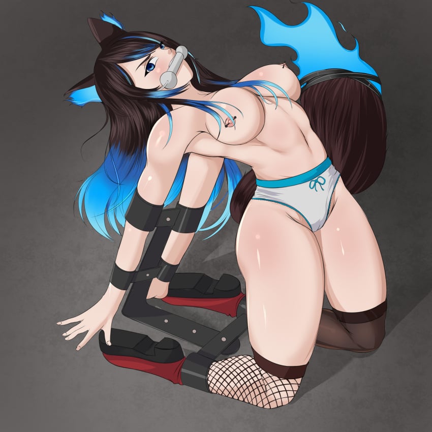 bit_gag blue_eyes blue_hair bondage bound brown_hair female female_only femsub fishnets gag kenichillustrated nipple_piercing panties panties_only piercing sinder_(vtuber) stockings topless virtual_youtuber vtuber