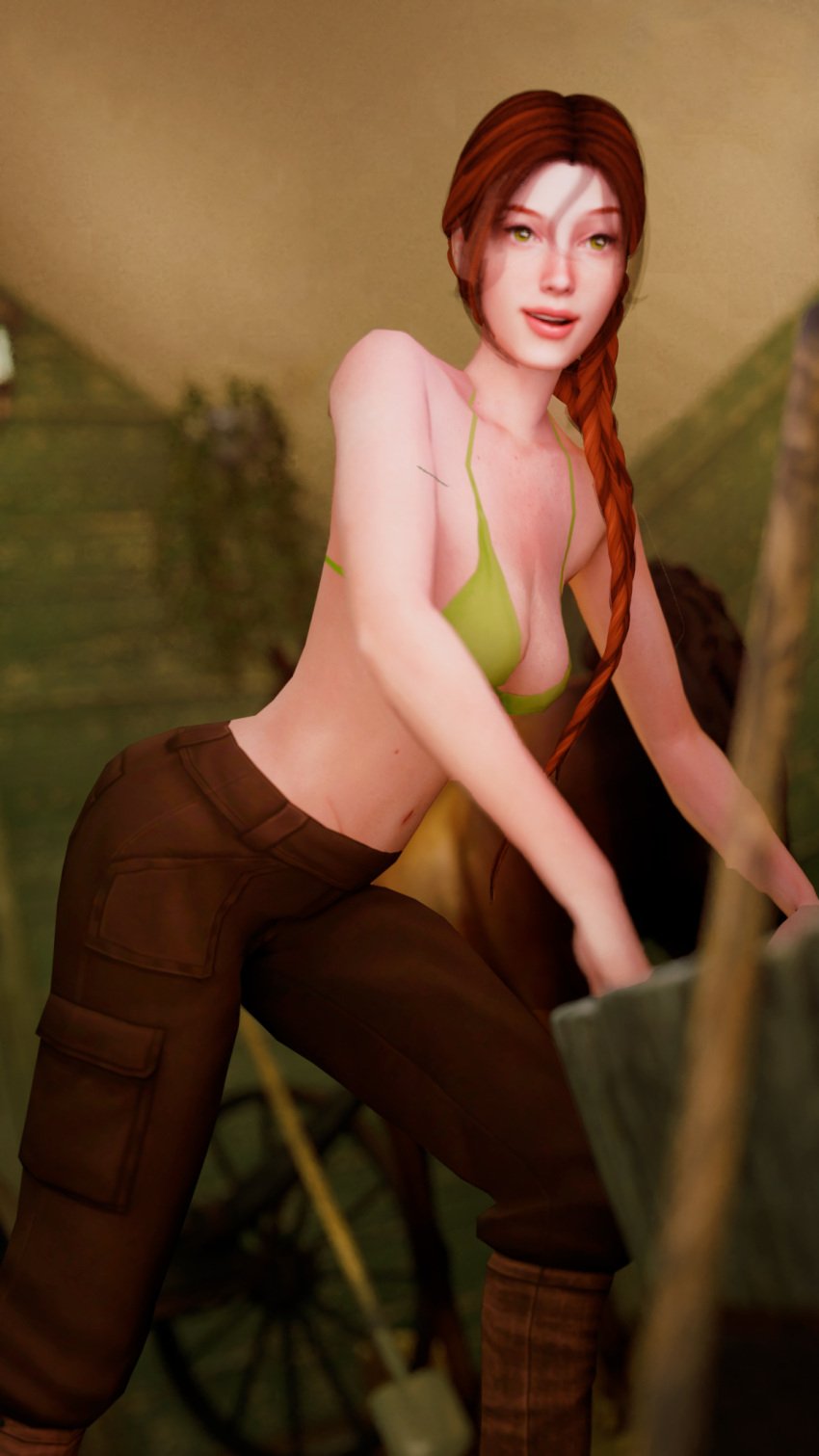 1girls 3arrows 3d 3d_(artwork) alex_(minecraft) barn blender boots bra braid braided_hair clothed clothing farm ginger ginger_hair green_bra green_clothing green_eyes horse humanization humanized looking_at_viewer minecraft mojang pale-skinned_female pale_skin red_hair red_hair shovel solo solo_female solo_focus underwear