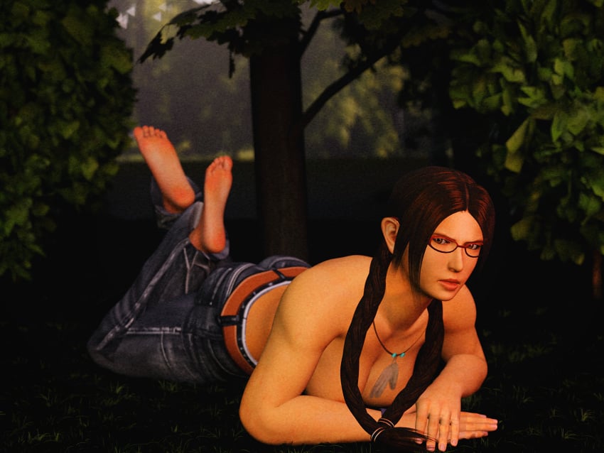 1girls 3d ass bangs barefoot blender braid brown_eyes brown_hair cleavage feet forsavide glasses jeans julia_chang large_breasts looking_at_viewer lying lying_on_stomach namco soles tekken tekken_4 the_pose toes topless