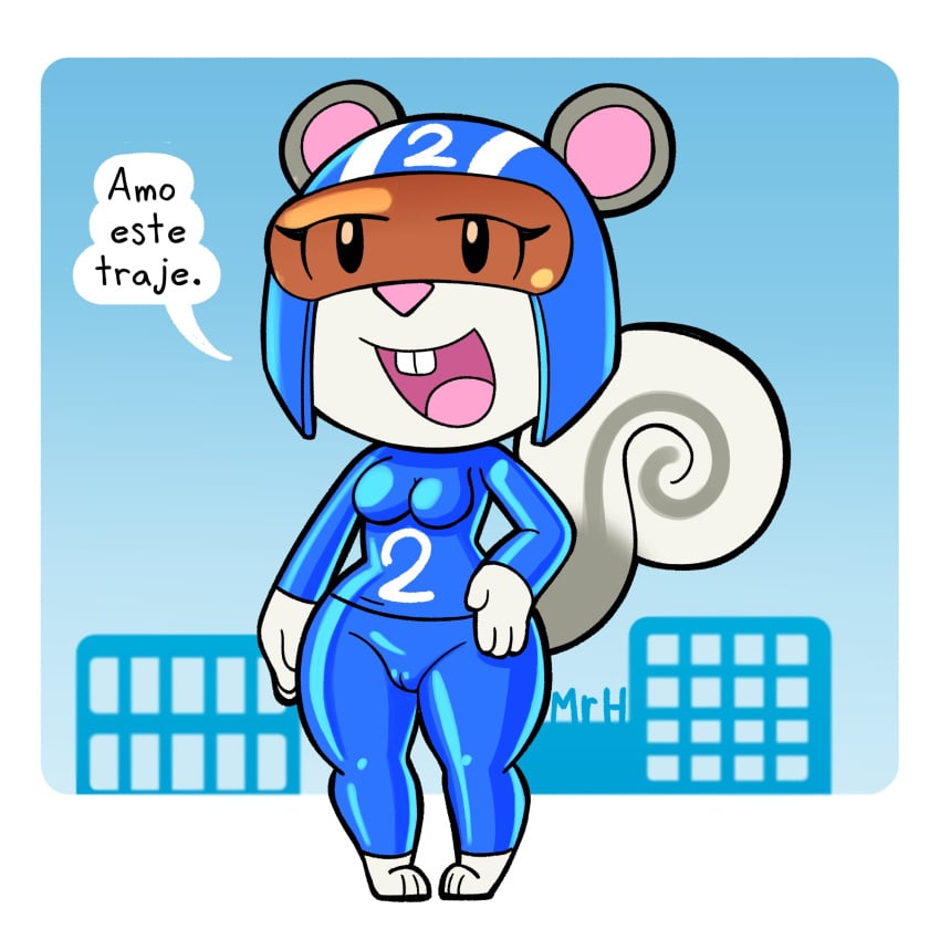 agent_s_(animal_crossing) animal_crossing anthro armor breasts camel_toe clothed clothing el_senor_erizo eyelashes female fur grey_body grey_fur headgear helmet hi_res latex latex_clothing legwear mammal nintendo open_mouth rodent sciurid simple_background smile solo text thick_thighs tight_clothing