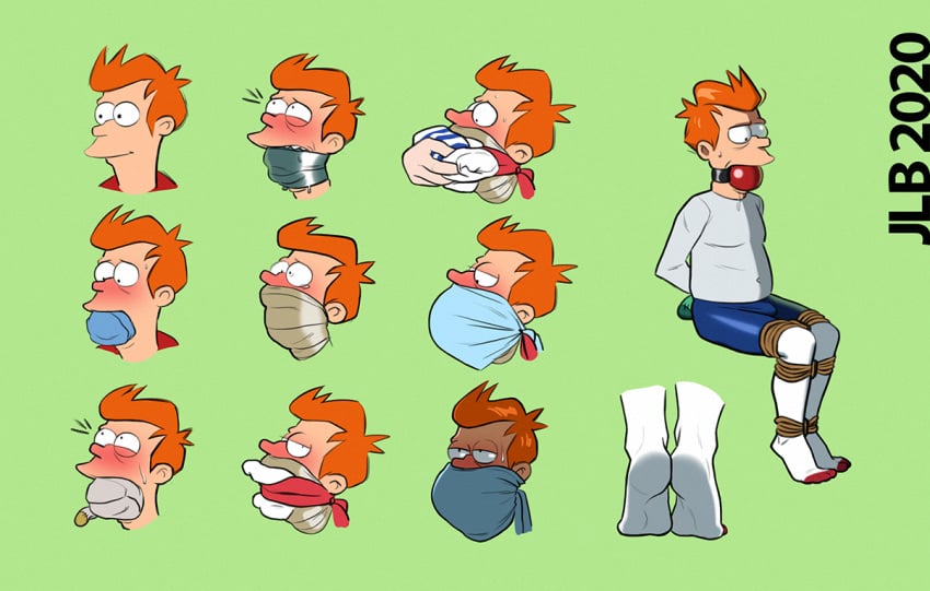 2022 ball_gag blush bondage feet futurama gag gag_bondage gagged gags green_background jagged-808 male male_feet philip_j_fry plain_background poses red_ball_gag rope socks stuffed_mouth_gag submissive_male sweatdrops tights tube_socks