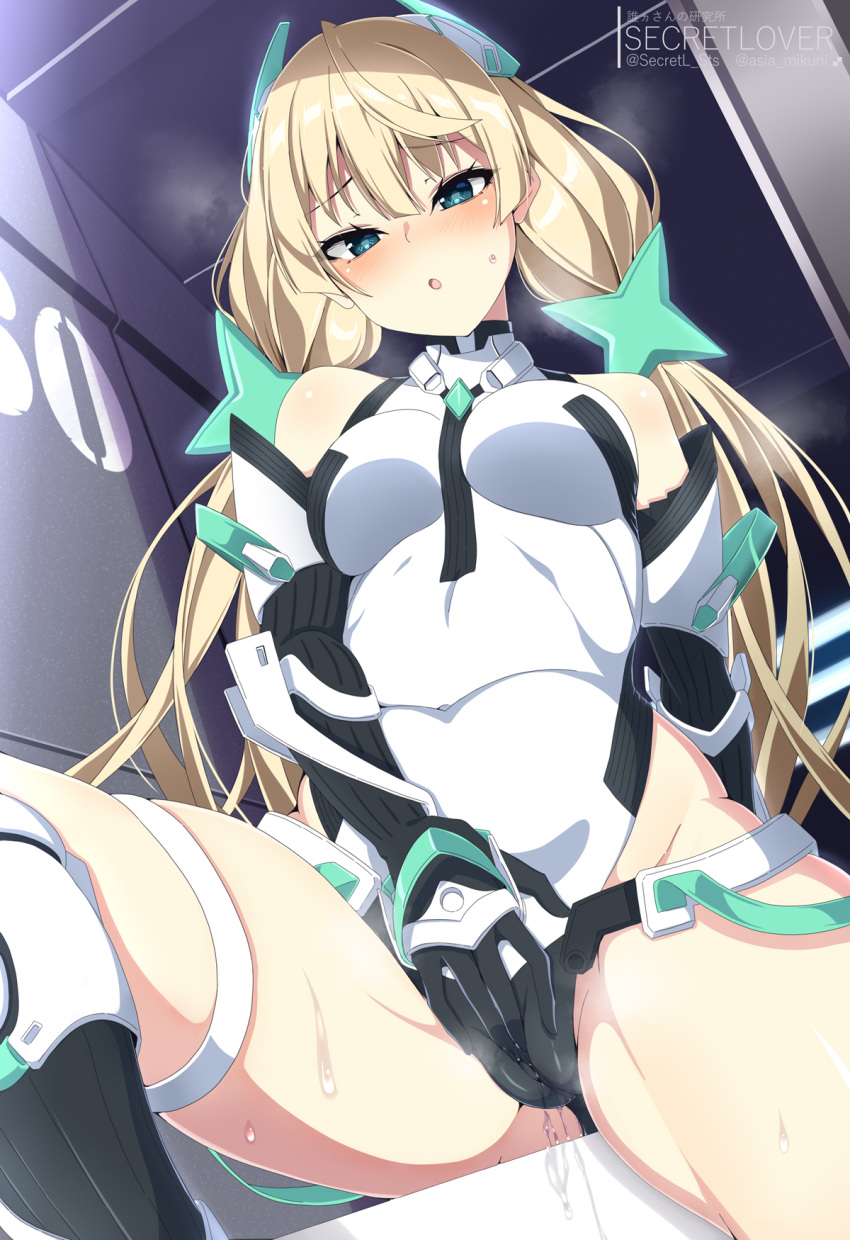 angela_balzac bare_shoulders black_gloves blonde_hair blush breasts clothed_masturbation covered_navel deva_battle_suit elbow_gloves female gloves green_eyes headgear highleg highleg_leotard highres leotard long_hair low_twintails masturbation medium_breasts pussy_juice rakuen_tsuihou sebunsu solo sweat thigh_strap twintails white_leotard