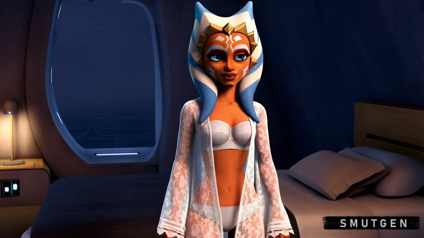 ahsoka_tano ai_generated alien_girl bedroom bra_and_panties clone_wars full_lips lace lingerie on_model orange_skin petite_body robe sexy_outfit sheer_clothing skinny_girl smutgen star_wars togruta waiting_for_sex white_lingerie white_robe