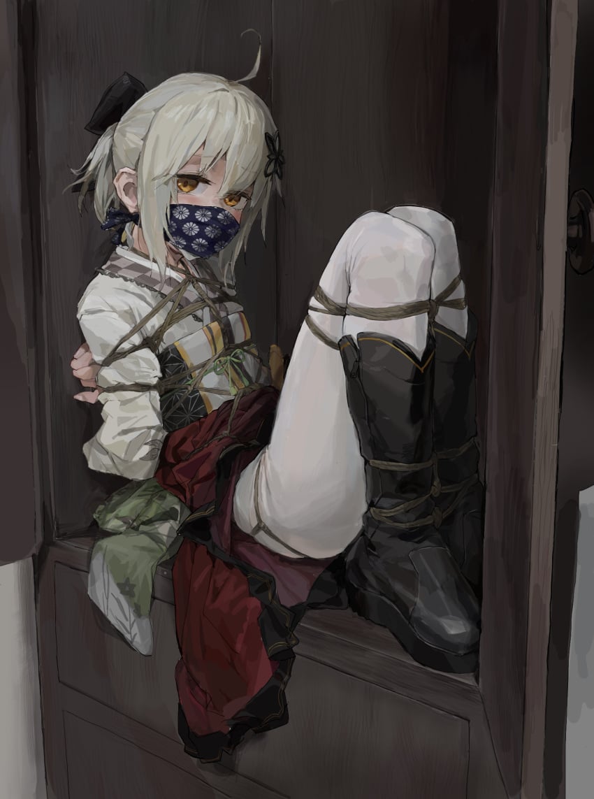 a_tea arknights bondage bondage bondage boots bound closet cloth_gag gag highres improvised_gag mask mouth_mask pants ponytail restrained scene_(arknights) white_hair yellow_eyes