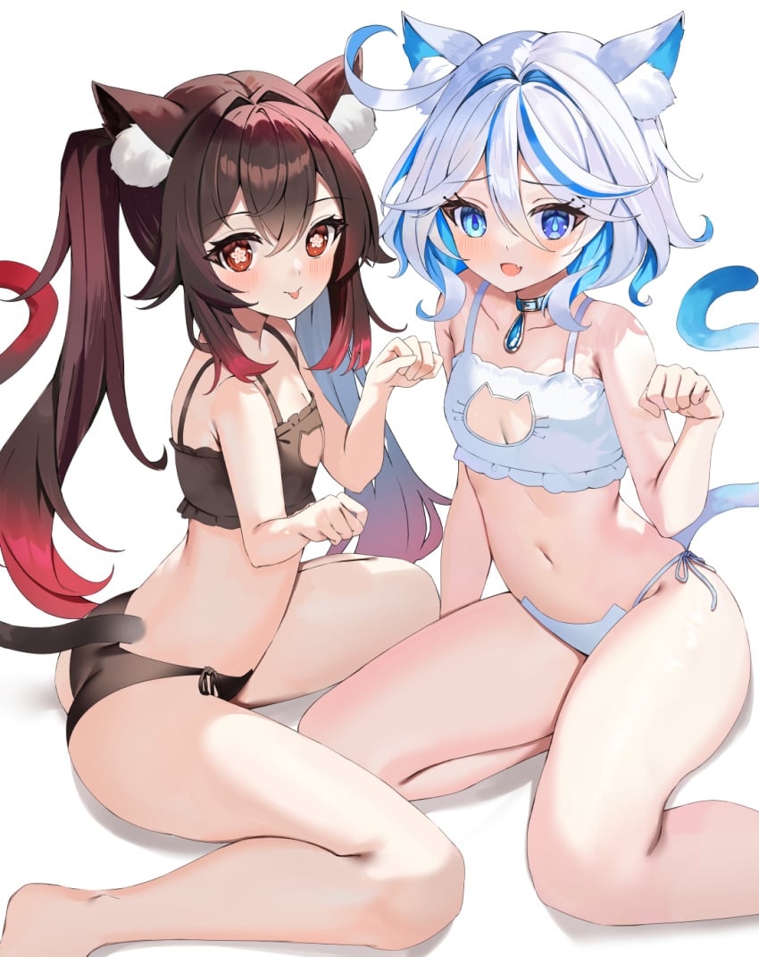 2girls animal_ears bare_shoulders black_bra black_panties blue_eyes blue_hair blush bra breasts brown_hair cat_cutout cat_ear_panties cat_ears cat_lingerie cat_tail choker cleavage_cutout clothing_cutout furina_(genshin_impact) genshin_impact highres hu_tao_(genshin_impact) jewelry light_blue_hair long_hair looking_at_viewer meme_attire multicolored_hair multiple_girls navel open_mouth panties pendant red_eyes short_hair small_breasts smile streaked_hair symbol-shaped_pupils tail thighs tongue tongue_out tsukise_miwa twintails underwear white_bra white_hair white_panties