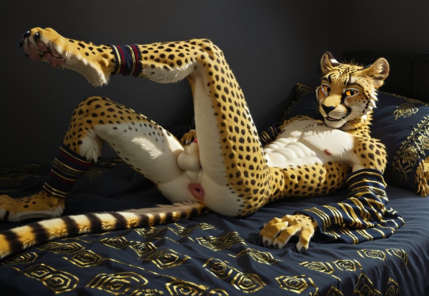 ai_generated animal_genitalia anthro anus aurugy bed cheetah detailed felid feline fully_sheathed furniture furry gay genitals inside looking_at_viewer lying male mammal on_back on_bed paws penis penis_tip pillow pinup pose presenting raised_leg realistic rim_light sheath smile solo stable_diffusion