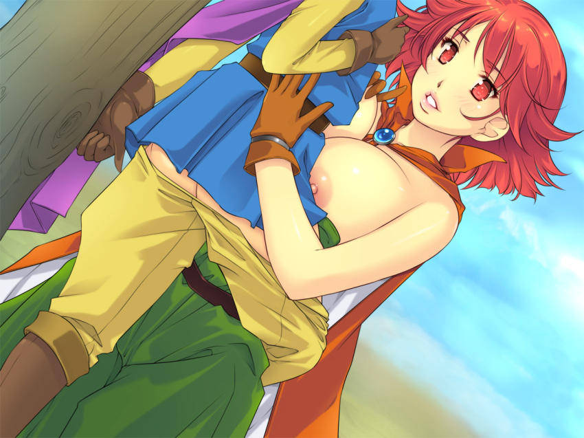 1boy 1girls areolae blush boots breast_squeeze breasts breasts_out cape clothing dragon_quest dragon_quest_iii dress female gloves hero_(dq3) highres huge_breasts human large_breasts mage_(dq3) male nipples no_bra paizuri red_eyes red_hair short_hair standing straight titfuck yoko_jyusuke