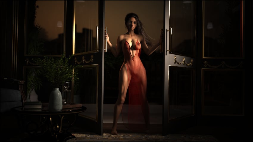 1girls black_hair breasts desert_stalker looking_at_viewer night nipples nipples_visible_through_clothing opening_door plant ponytail red_lingerie seductive seductive_female seductive_look seductive_smile shani_(desert_stalker) standing transparent_clothing zetands