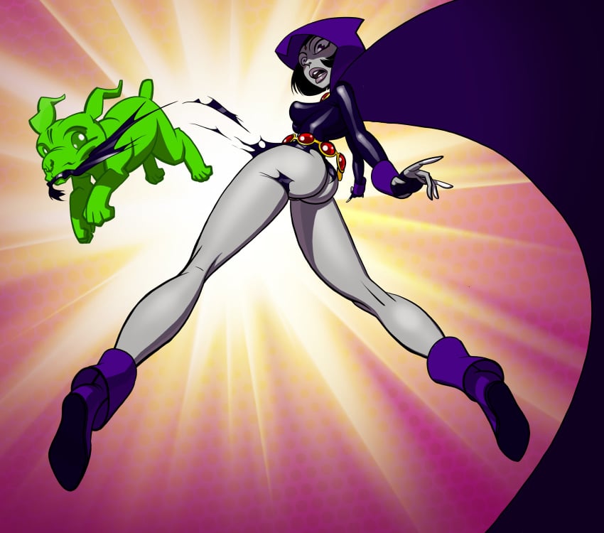 2015 ass beast_boy belt black_hair breasts canine cape dc dc_comics female forehead_jewel gao23 grey_skin hood leotard open_mouth purple_eyes pussy rachel_roth raven_(dc) short_hair straight teen_titans torn_clothing torn_leotard uncensored