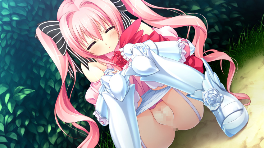 blush censored chuablesoft closed_eyes embarrassed female game_cg garter_straps highres kunai_uri legs long_hair looking_down mosaic_censoring noblesse_of_rouge panties panty_pull pink_hair pussy solo squatting susakuooji_hotoha thighhighs thighs tied_hair twintails underwear white_panties