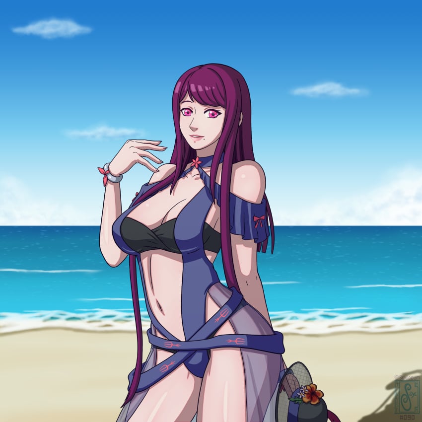 1girls absurdres beach big_breasts bikini blue_sky cleavage fire_emblem fire_emblem_engage highres ivy_(fire_emblem) nintendo ocean pink_eyes purple_hair sky sokloeum swimsuit