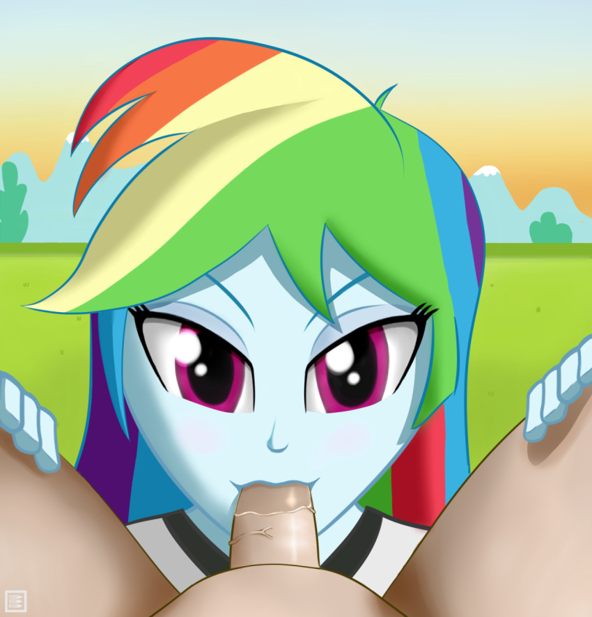 blue_skin burstfire clothed_female_nude_male equestria_girls fellatio female friendship_is_magic hair light_skin looking_at_viewer male male_pov multicolored_hair my_little_pony oral penis pov purple_eyes rainbow_dash_(mlp) smile spread_legs straight straight_hair uncensored