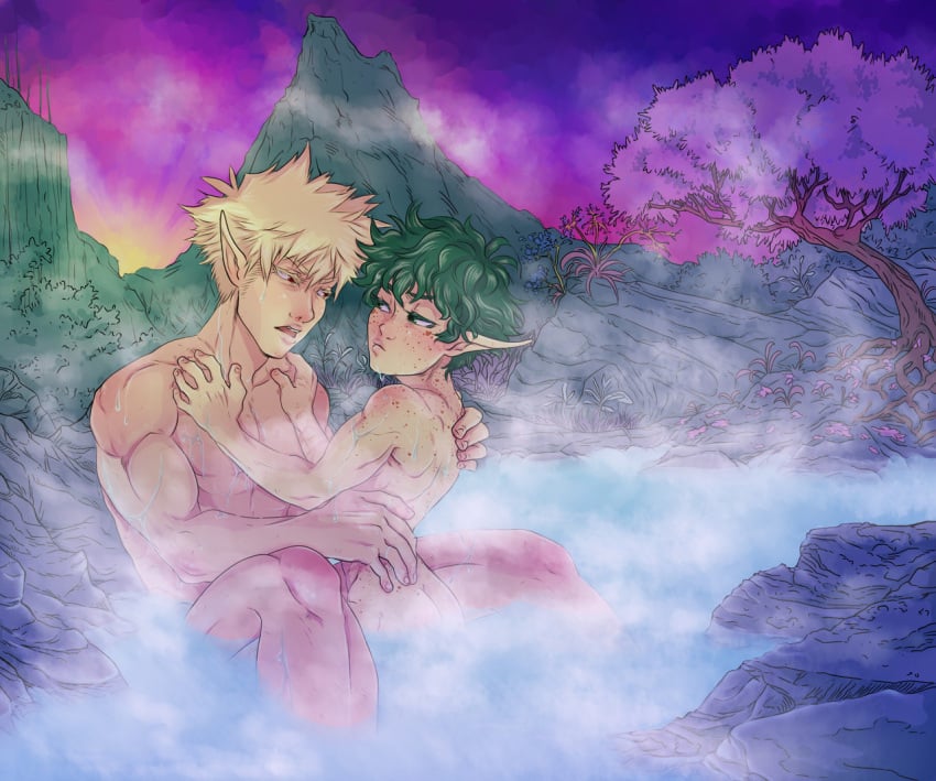 2boys bakugou_katsuki blonde_hair boku_no_hero_academia femboy freckles gay green_hair in_water izuku_midoriya katsuki_bakugou male male/male midoriya_izuku muscles muscular muscular_male my_hero_academia nature nature_background nude nude_male onsen outdoor_nudity outdoors water yaoi