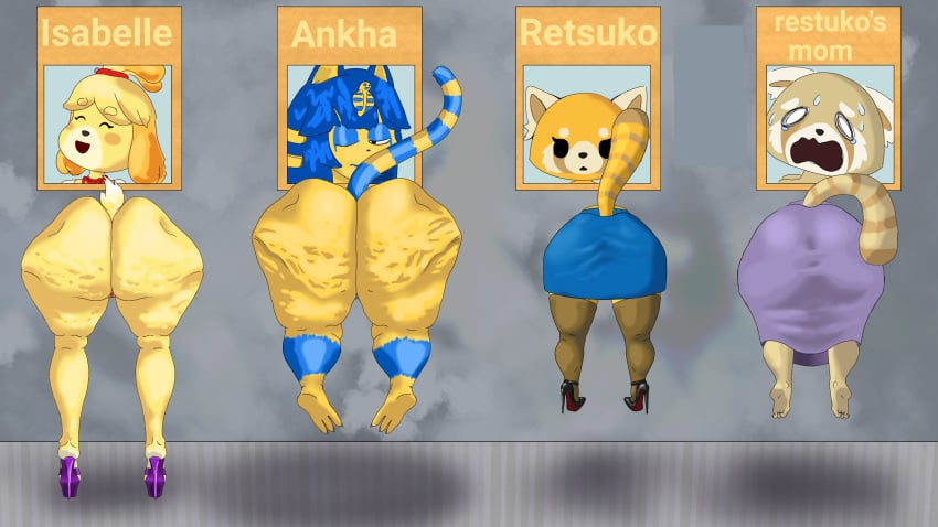 ankha ankha_(animal_crossing) anthro cellulite feline female high_heels hole_in_wall isabelle_(animal_crossing) loose_clothes loose_pussy ongio picture_frame platform_heels retsuko retsuko's_mother scared scared_expression screaming shorts skirt stretch_marks stretched_anus stretched_pussy stuck_in_wall through_wall