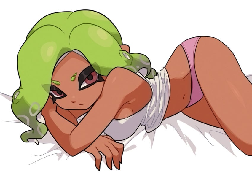 1girls bed_sheet breasts green_hair highres ikki_(gsl_9708) looking_at_viewer nintendo no_pants octoling octoling_girl octoling_player_character panties pink_panties solo splatoon splatoon_(series) splatoon_3 tank_top tentacle_hair underwear white_tank_top