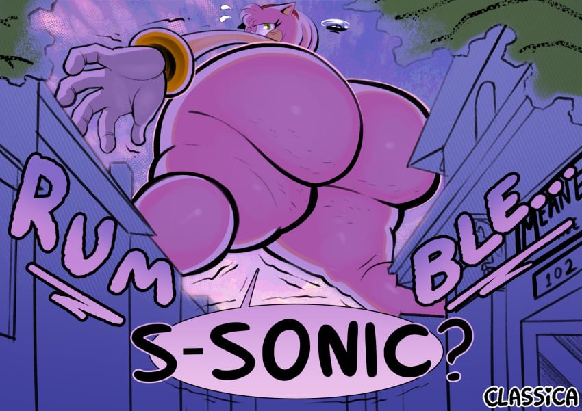 aircraft amy_rose anthro ass big_butt blush bracelet building cellulite city classica_p clothing dialogue eulipotyphlan female gloves green_eyes growth handwear hedgehog helicopter hi_res huge_butt jewelry looking_back macro mammal nervous nervous_sweat nude nude_female overweight overweight_female pink_body plant sega sky solo sonic_(series) sonic_the_hedgehog_(series) speech_bubble tree vehicle