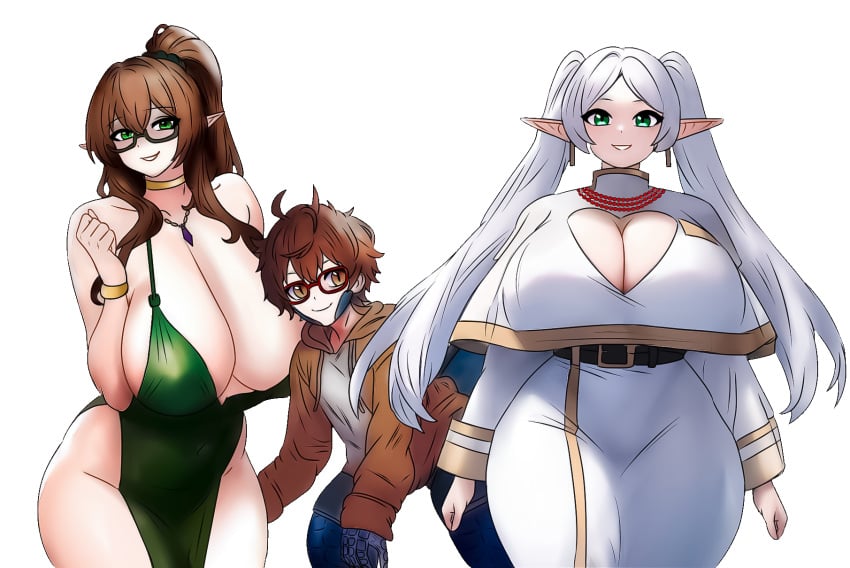 1boy 1girls 2girls ass_grab big_ass big_breasts boob_window brown_haired_glasses_elf_(houtengeki) chorquistudios clothed clothed_female clothed_male dinosaur dress elf elf_ears elf_female elf_girl fantasy female frieren glasses green_dress happy happy_female happy_male houtengeki huge_breasts milf monster_boy reptile reptile_humanoid smaller_male smiling sousou_no_frieren walking white_dress white_hair