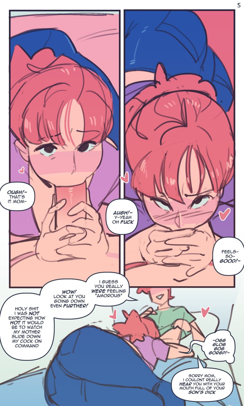 1boy1girl bedroom big_ass big_breasts blowjob blush both_hands_on_cock comic comic_page deepthroat fellatio incest jeans milf mother_and_son not_enough_milk_(artist) original original_character page_4 pov red_hair wide_hips