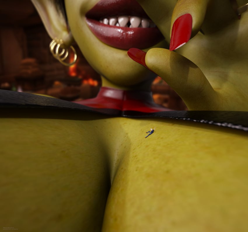 1girl 1girls 3d big_breasts blizzard_entertainment dominant_female earring earrings elf elf_male extreme_size_difference female femdom freckled_breasts freckles giantess goblin goblin_(warcraft) goblin_female green_skin huge_breasts indoors interspecies jetslasher long_ears macro macro_female male micro_male micro_on_breasts micro_on_macro natazii_(sheela) piercing piercings sharp_teeth size_difference skimpy skimpy_clothes smile smiling white_hair world_of_warcraft