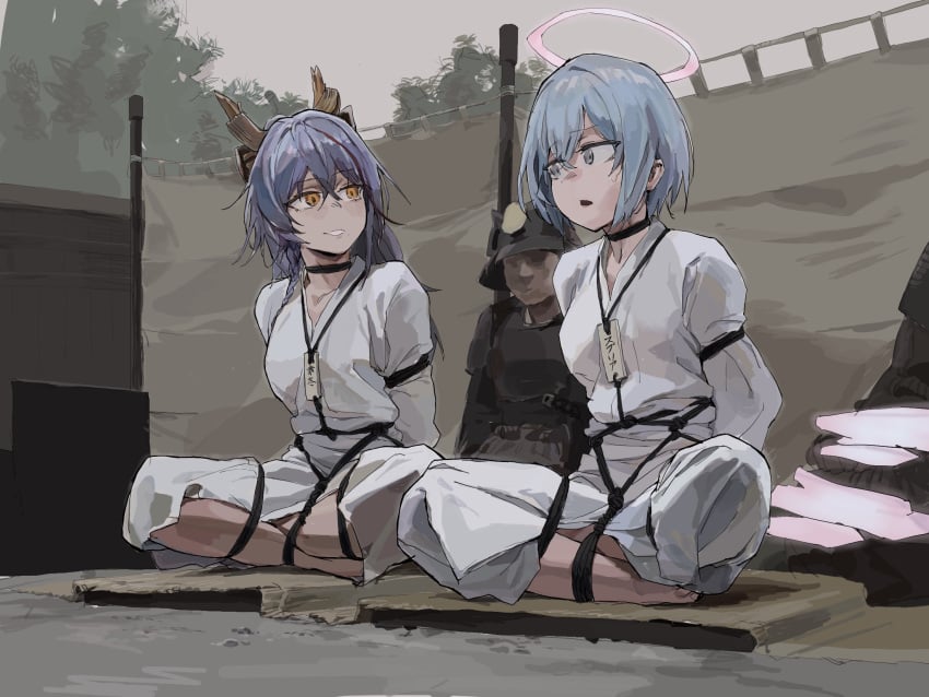 a_tea akafuyu_(arknights) arknights armor blue_hair bondage bondage bondage bound grey_eyes highres horn_(arknights) horns japanese_armor nian_(arknights) restrained samurai shibari_over_clothes sitting smile spuria_(arknights) wariza yellow_eyes